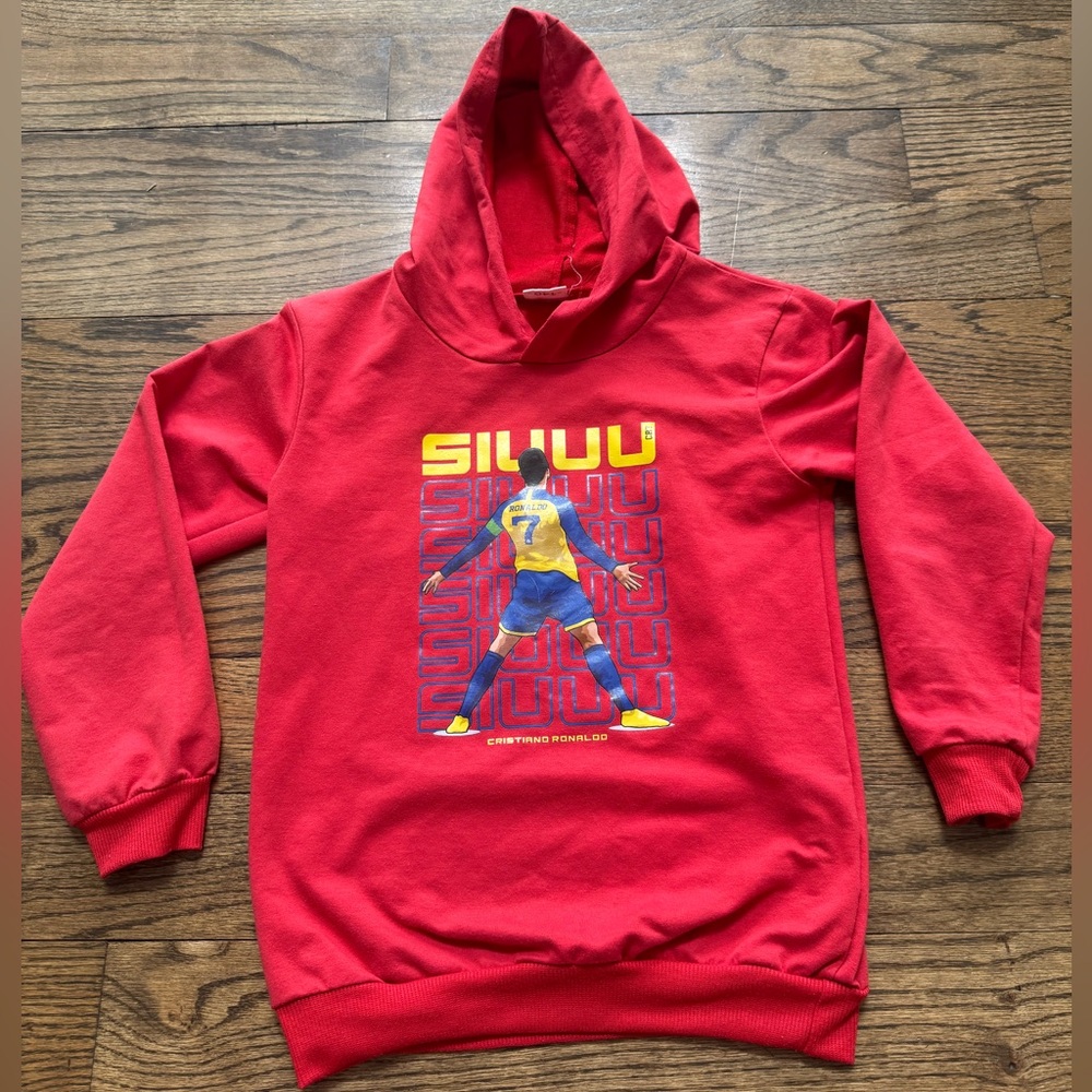 Cristiano Ronaldo Siuu Graphic Hoodie Red Youth 140 Soccer Pullover Sweatshirt